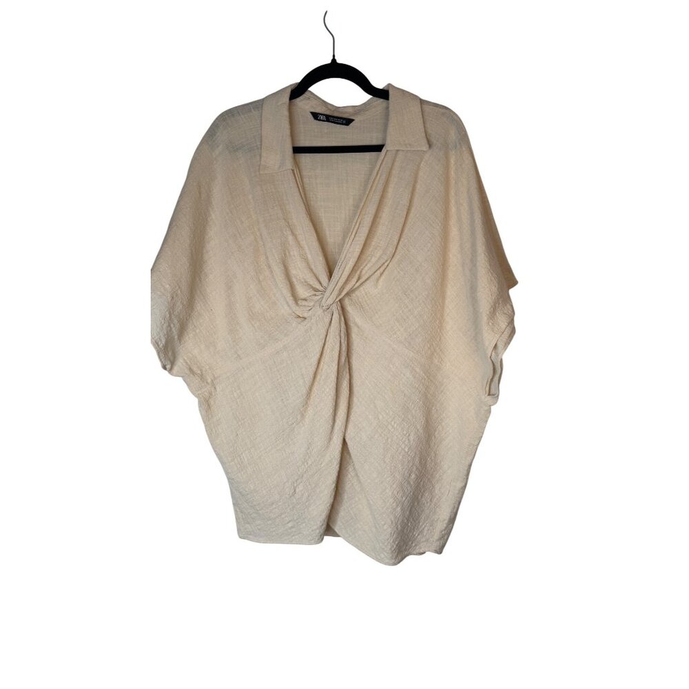 2/$30 ZARA Medium Beige Textured Knot Front Blouse Dolman Sleeves